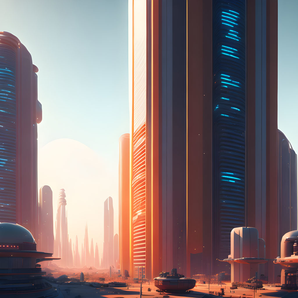 Futuristic cityscape with skyscrapers, glowing windows, and flying vehicles under orange sky