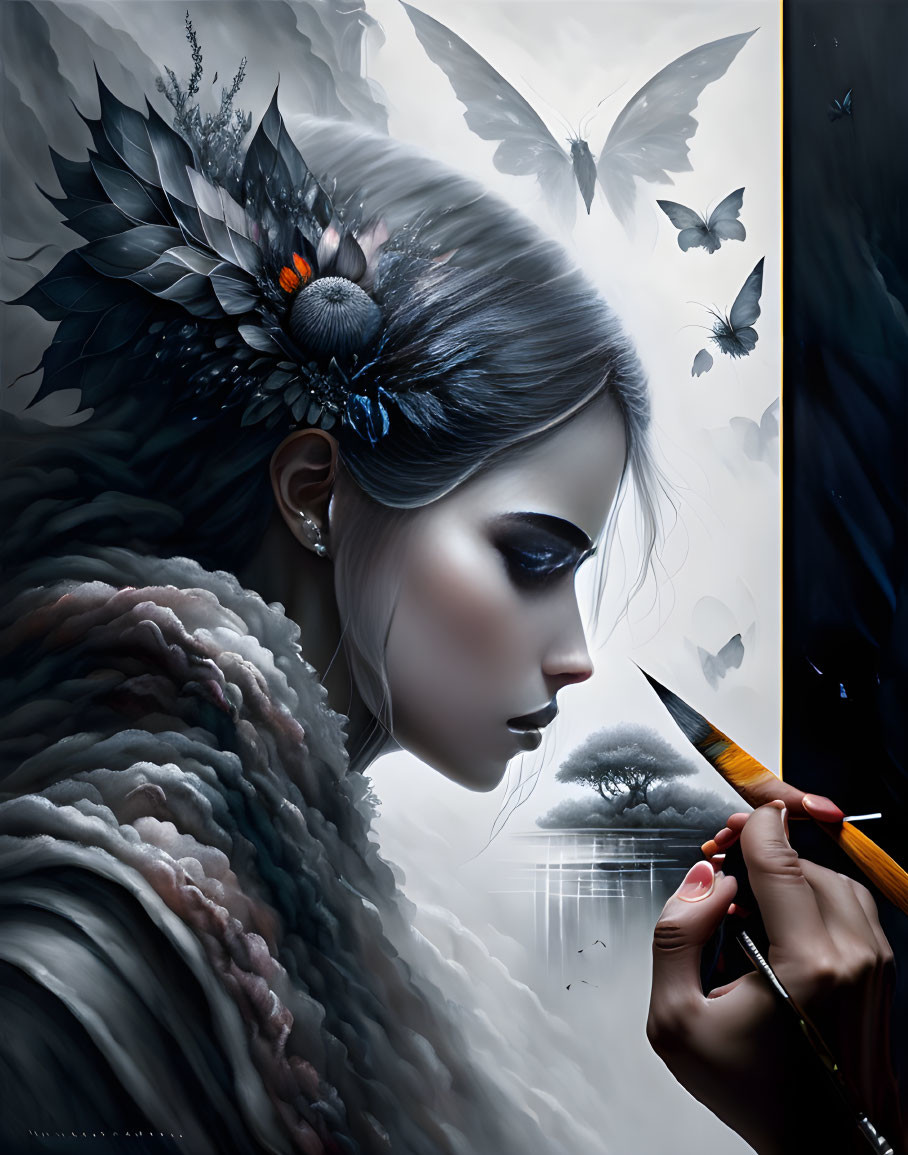 Surreal portrait of a woman with feathers and butterflies painting an eye