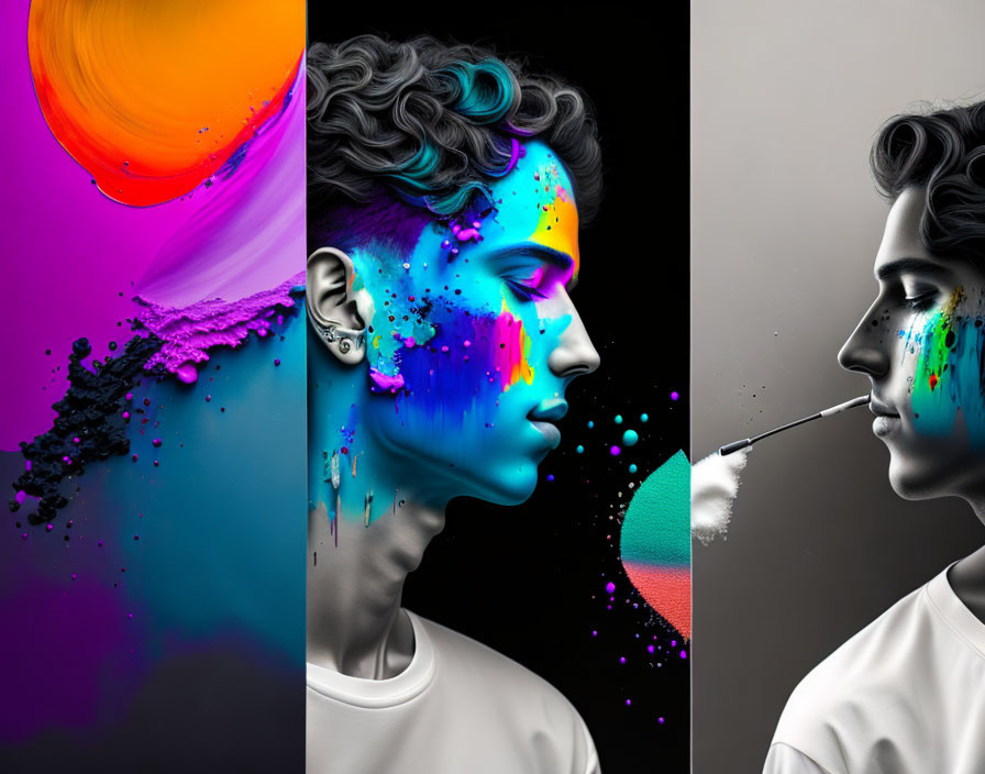 Three-panel artwork featuring grayscale figure splashed with neon paint on colorful abstract backgrounds