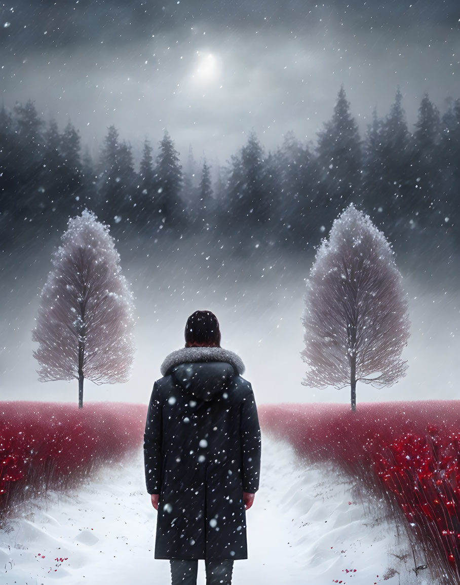 Person in winter coat admiring snowy landscape with red-leafed trees under moonlit sky