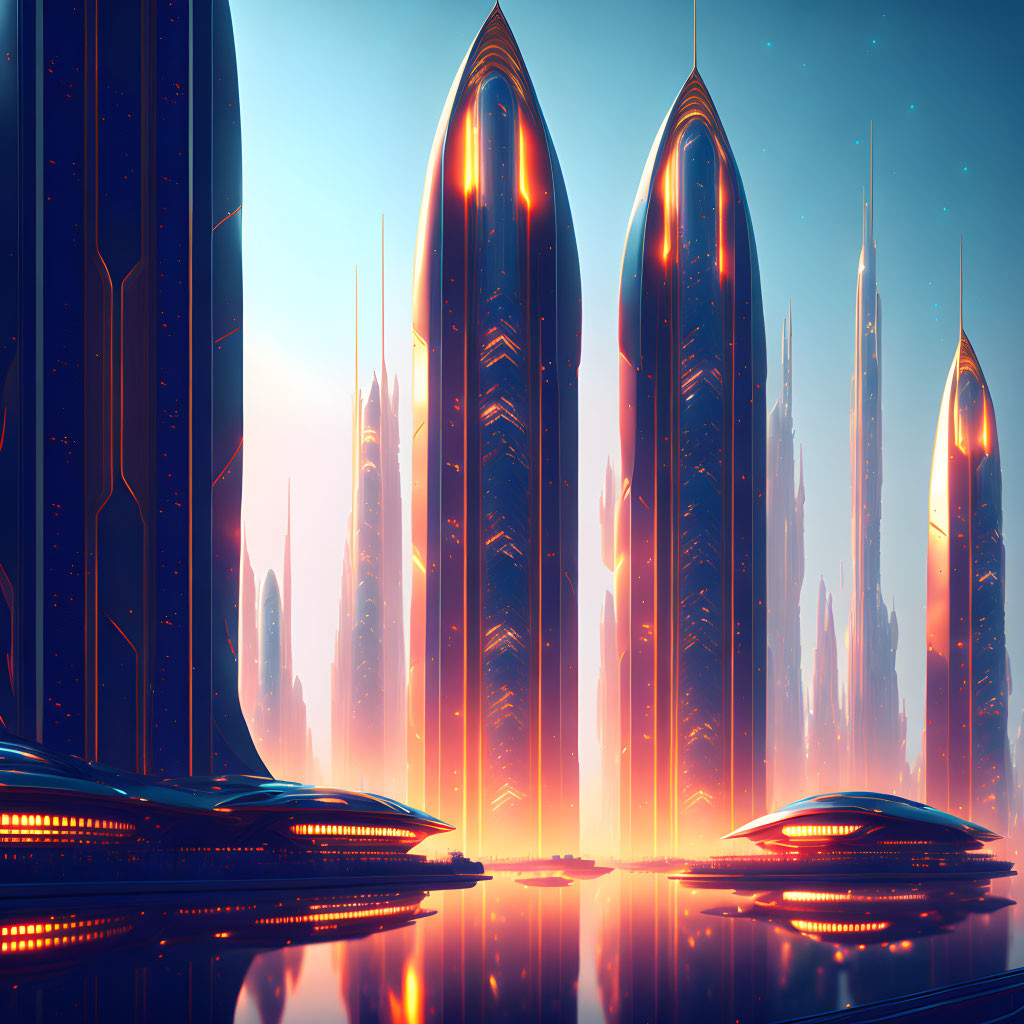 Futuristic cityscape at dusk with sleek skyscrapers in warm amber glow