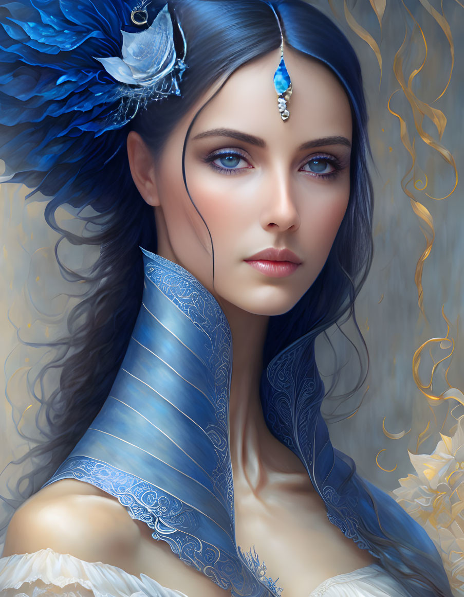 Portrait of woman with blue eyes, feathered hair accessory, jeweled headpiece, golden curls.