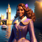 Smiling woman with curly hair in ornate blue jacket against London backdrop