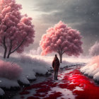 Person in warm coat on red path in snow with pink blossoming trees under snowy sky