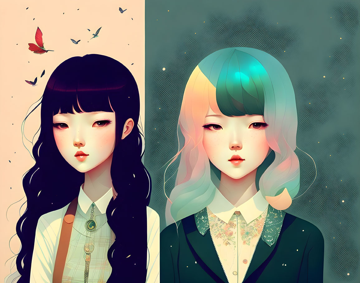 Stylized female figures with colorful hair and serene expressions in a starry backdrop.