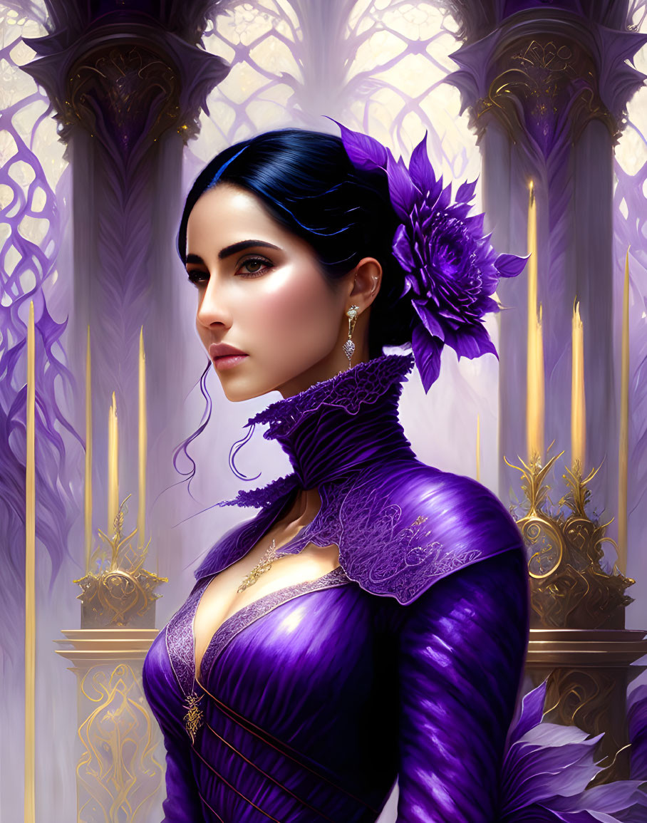 Digital painting of woman with blue hair in purple Victorian dress with flower and golden candlesticks.