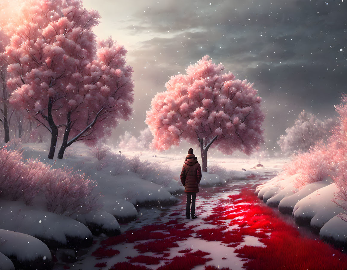 Person in warm coat on red path in snow with pink blossoming trees under snowy sky