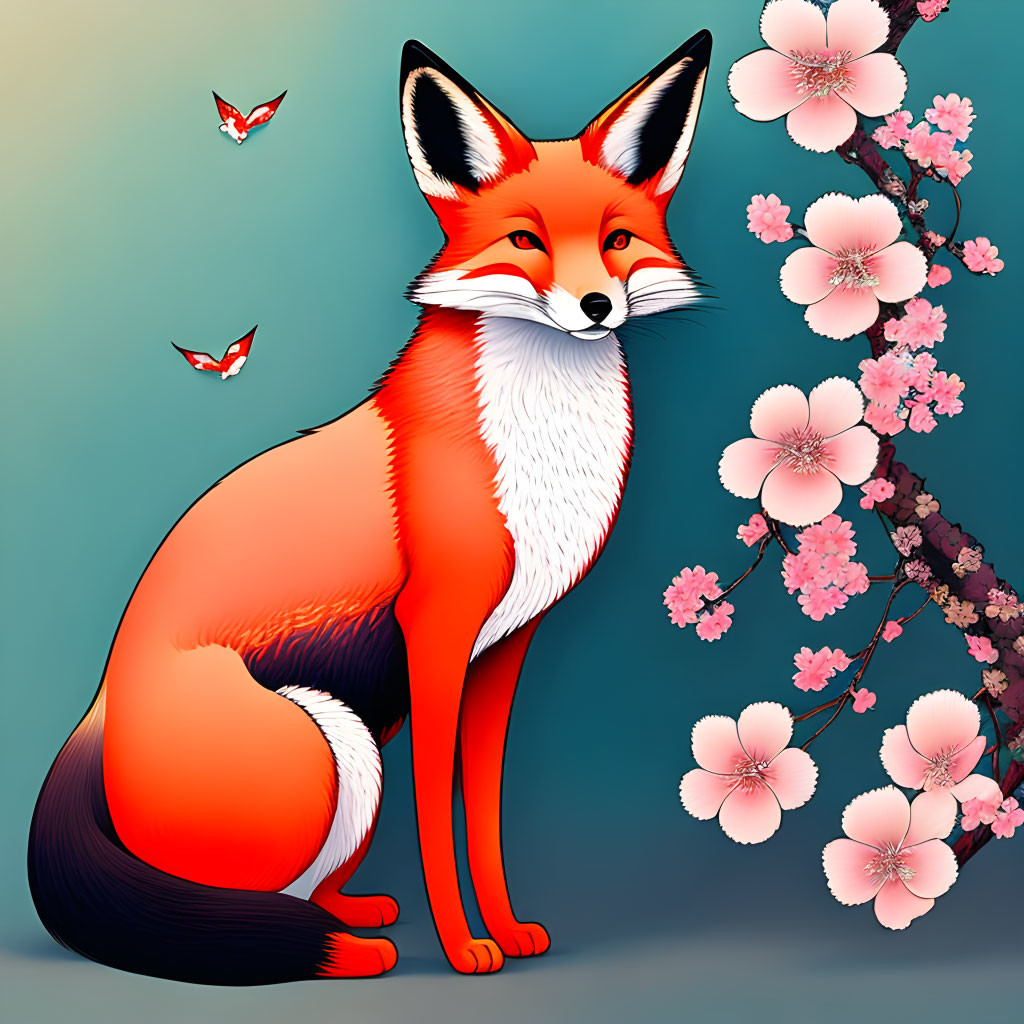 Red Fox with Cherry Blossoms and Butterflies Illustration