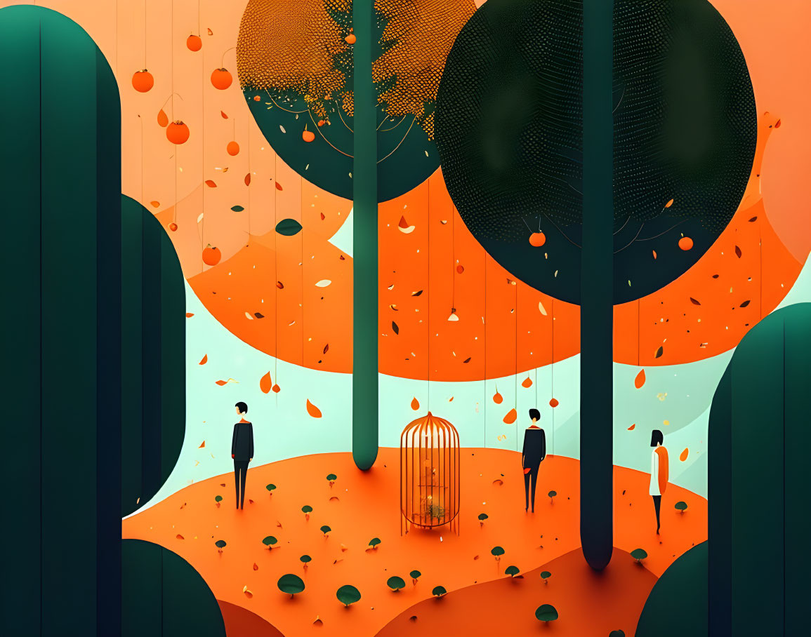 Autumn-themed image with stylized trees, person in birdcage, and second figure