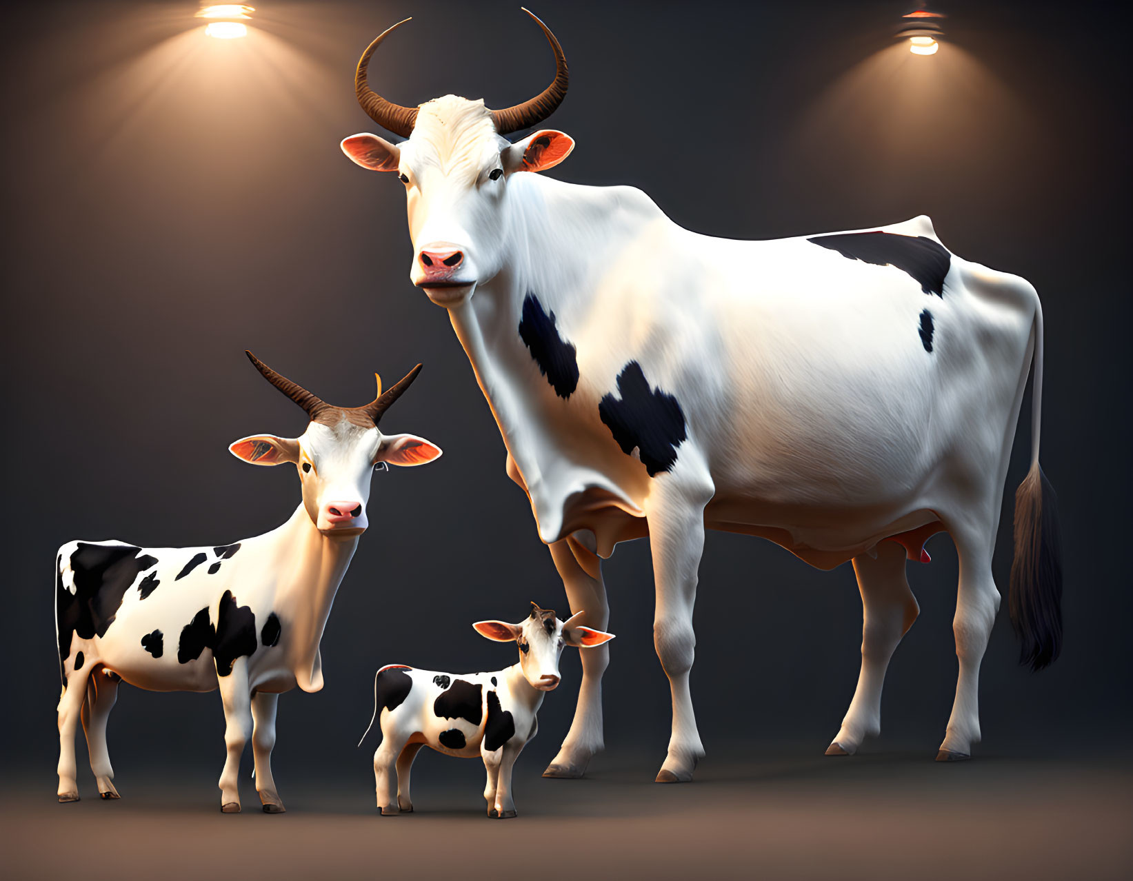 Three black and white cows in family group with warm lighting on dark background