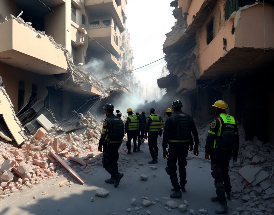 Firefighters at Collapsed Building After Urban Disaster