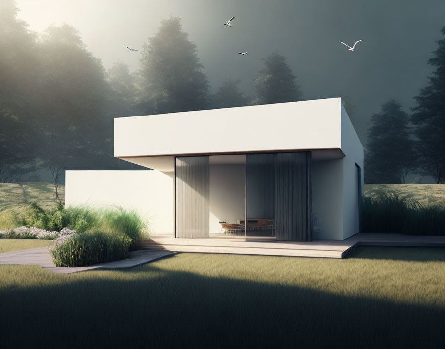 Sleek minimalist house in tranquil meadow with large windows, trees, and birds in misty