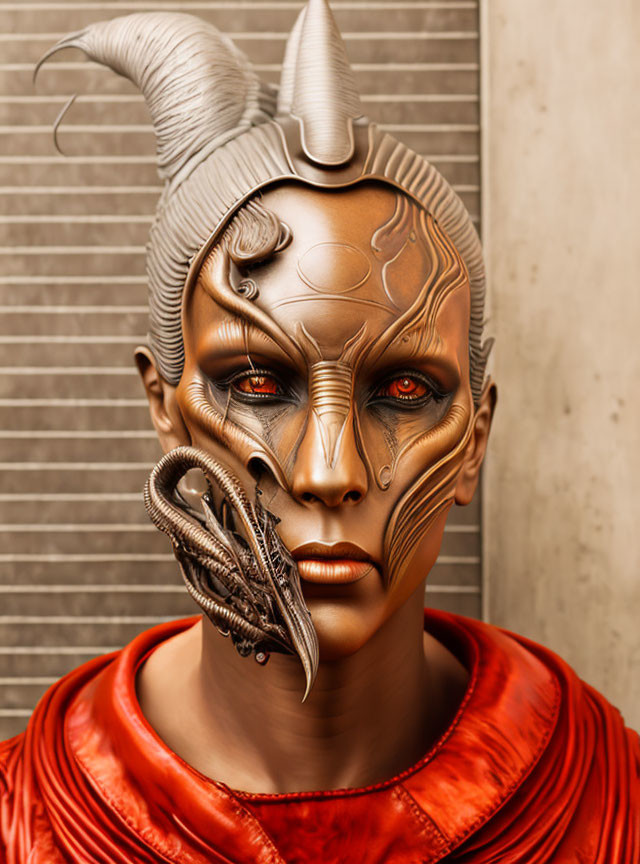 Intricate metallic alien mask with curved horns and detailed textures