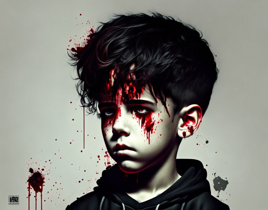 Child in Dark Hoodie with Red Splatters on Gray Background