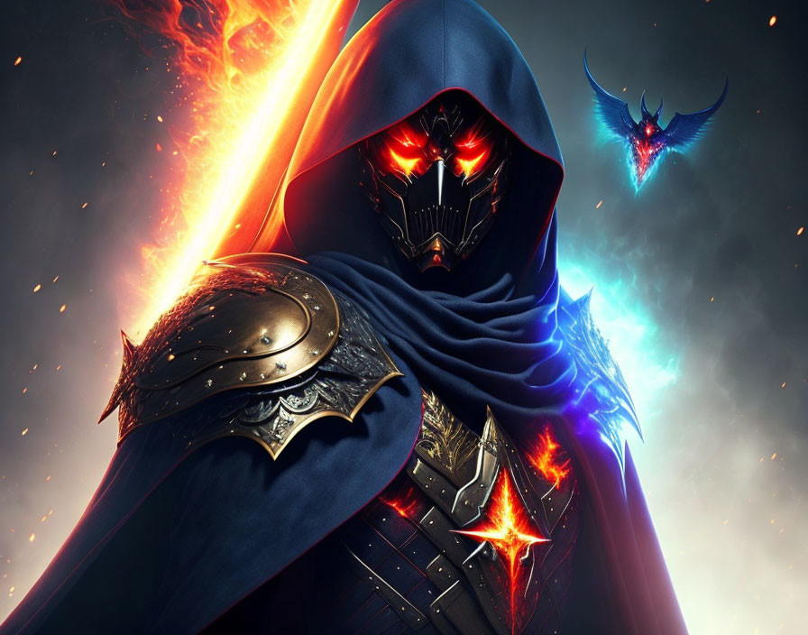 Hooded figure with glowing red eyes holding burning sword