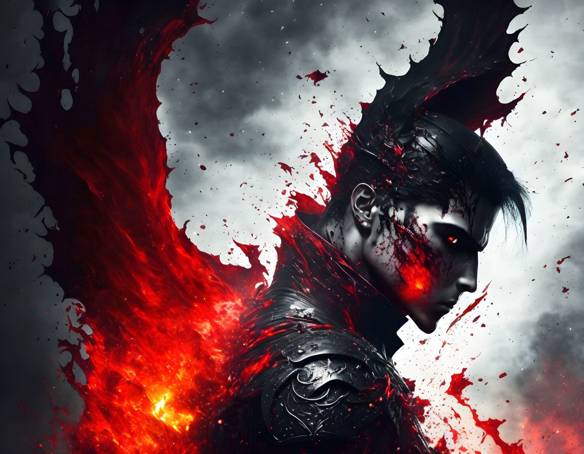 Dark-haired figure in armor with red eyes, fiery wing, and blood splatters.