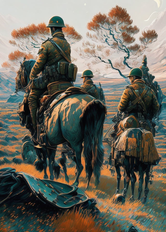 Historical military soldiers on horseback in stylized illustration