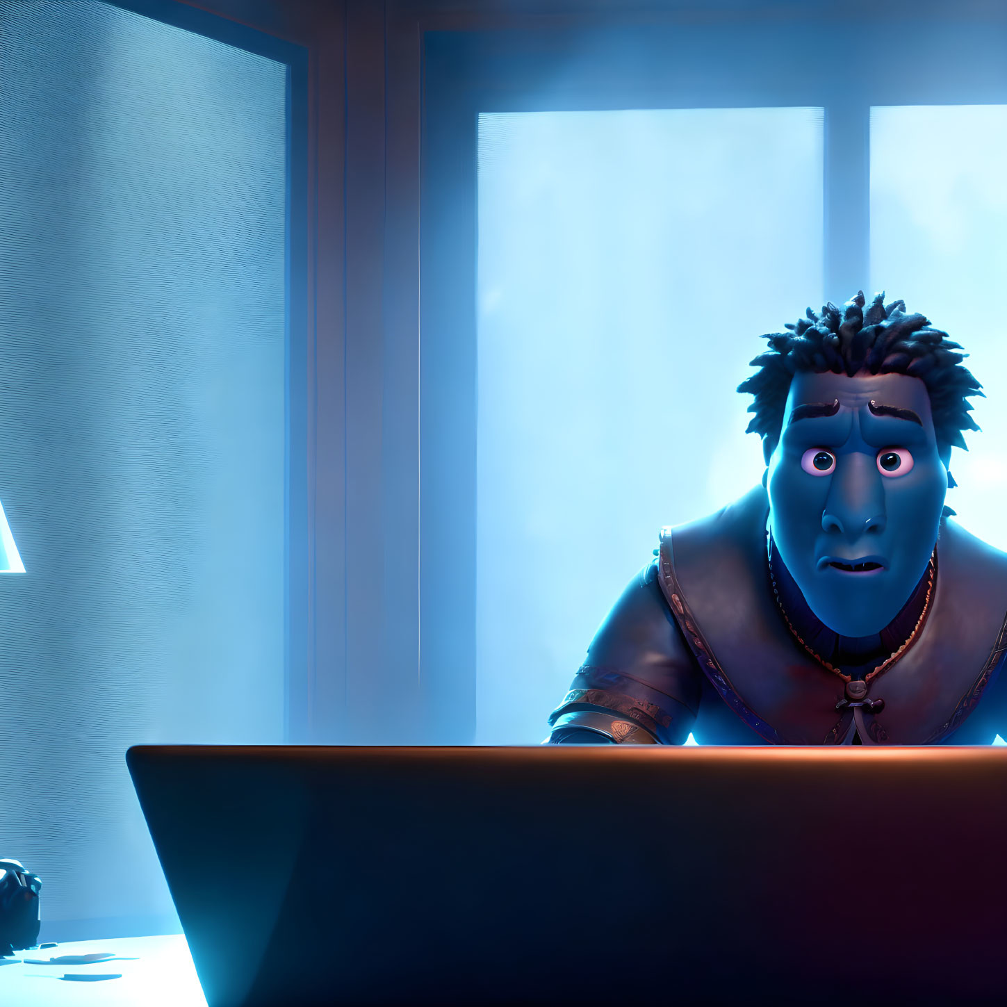 Dark-skinned animated character with spiky hair surprised by laptop screen in dimly lit room