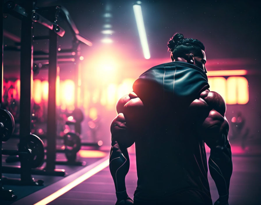 Person lifting heavy barbell in dimly lit gym with pink and blue neon lights