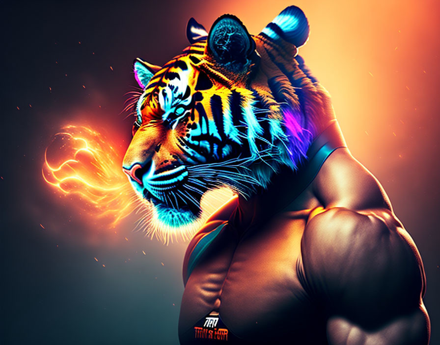 Colorful Illustration of Human Body with Tiger Head in Neon Hues