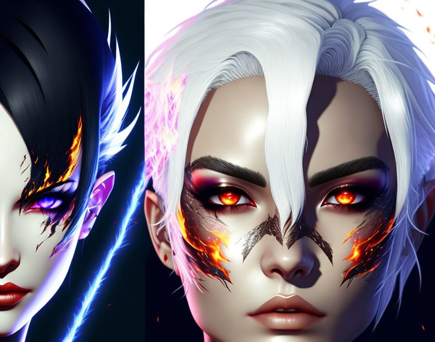 Digital portraits of character with glowing eyes: blue lightning and fiery motifs