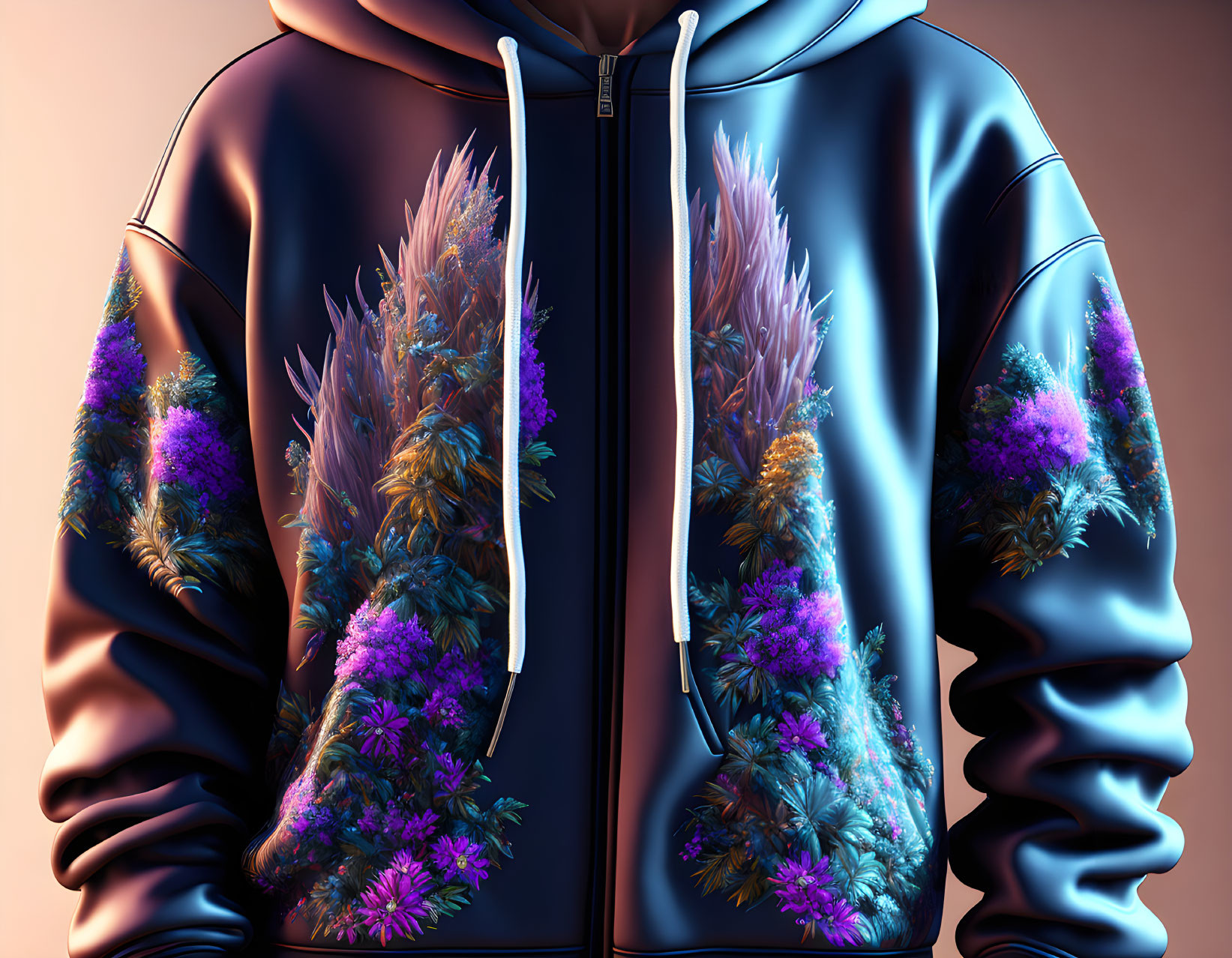 Colorful Floral 3D Pattern Zip-Up Hoodie in Purple, Orange, Green