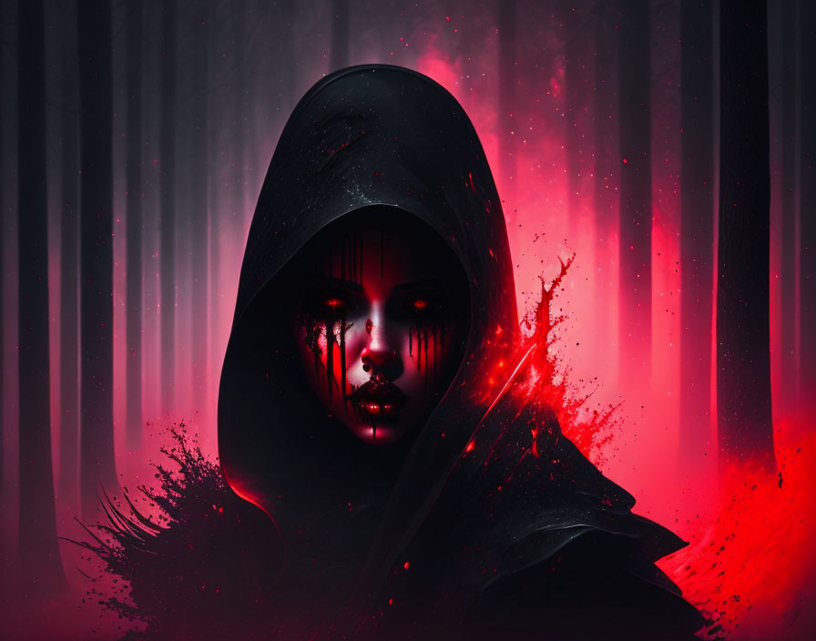 Mysterious hooded figure with glowing red eyes in dark forest