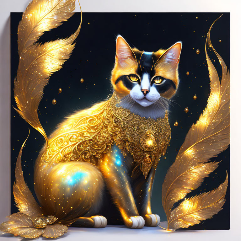 Majestic golden fur and feathered cat illustration on starry black backdrop