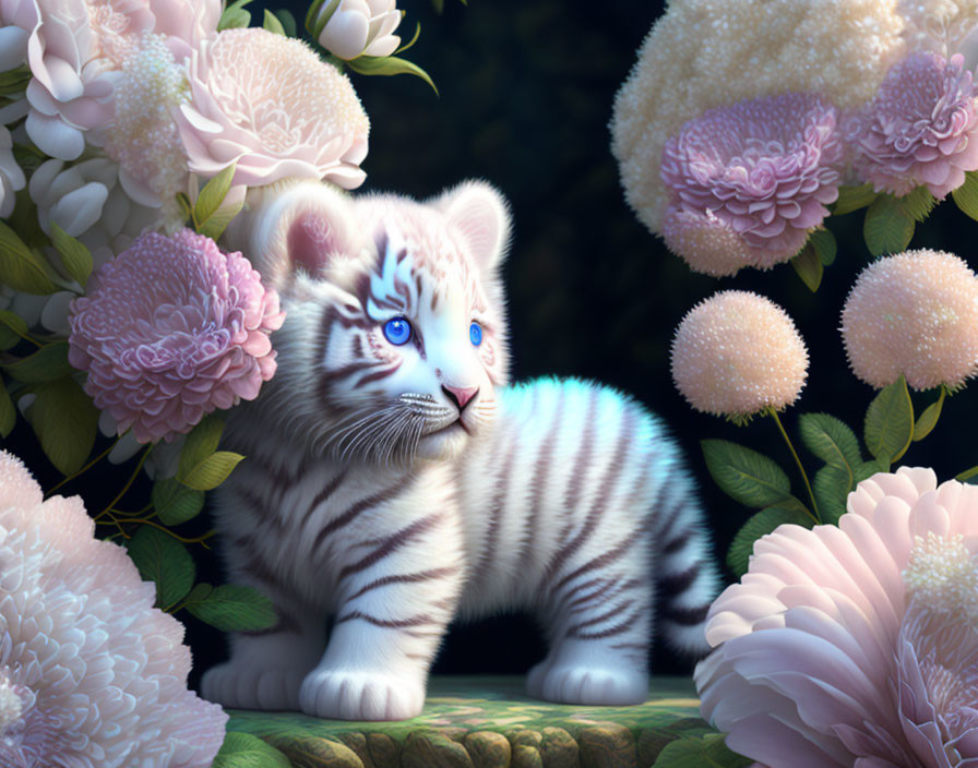 White Tiger Cub Digital Illustration with Blue Eyes and Flowers on Dark Background