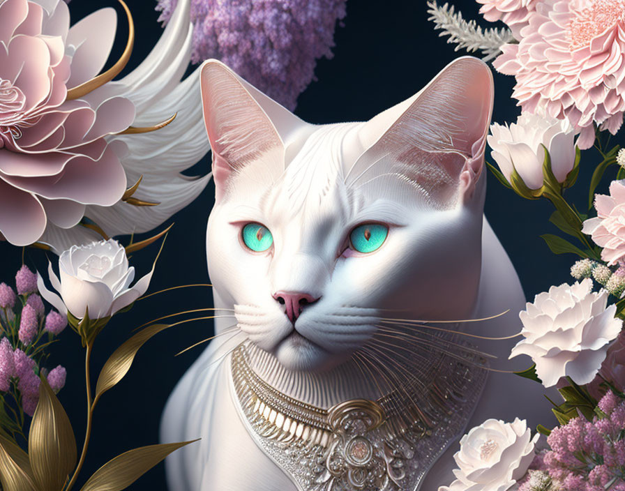 White Cat with Turquoise Eyes and Fancy Collar Among Lush Flowers on Dark Background