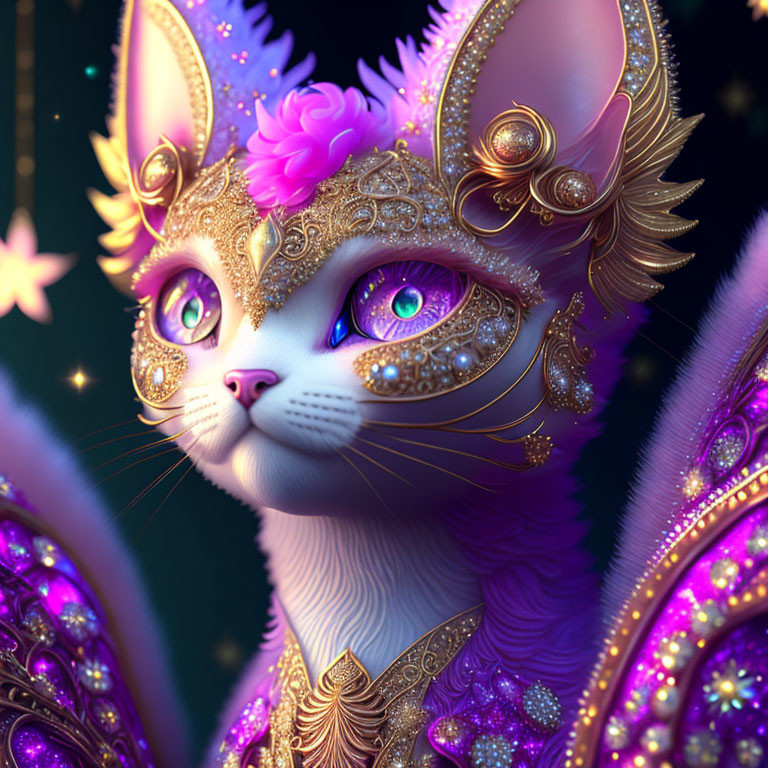 Regal feline with purple fur and golden mask on dark background