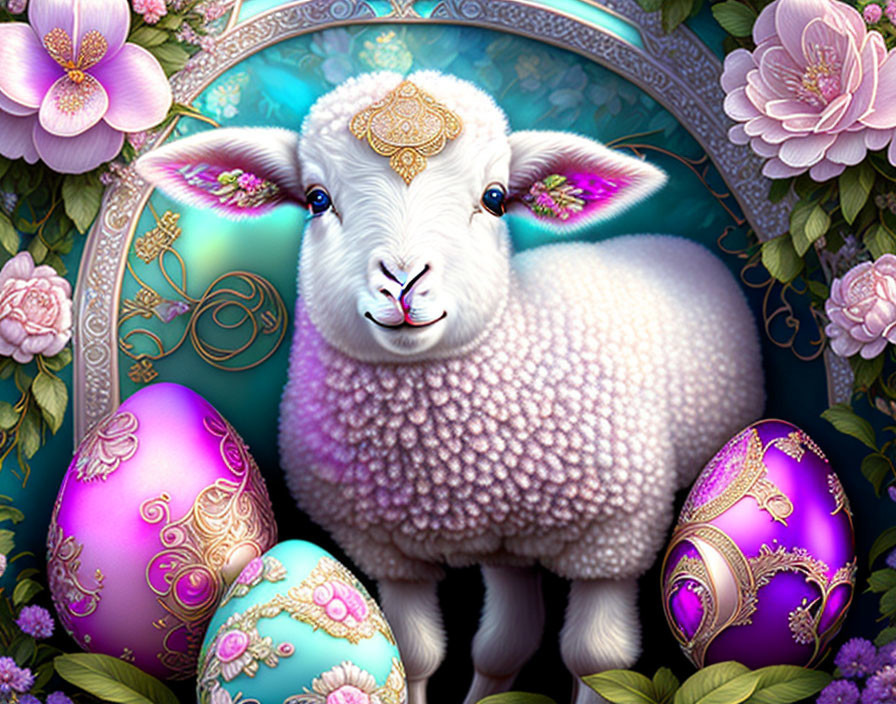 Fluffy lamb with Easter eggs and floral motifs on blue background