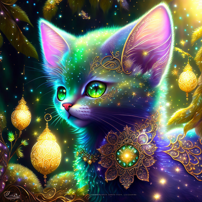 Colorful neon cat surrounded by glowing ornaments and stars