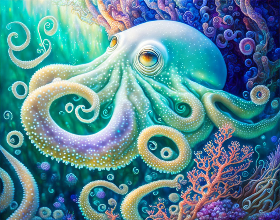 Vibrant Octopus Painting with Intricate Patterns and Underwater Flora