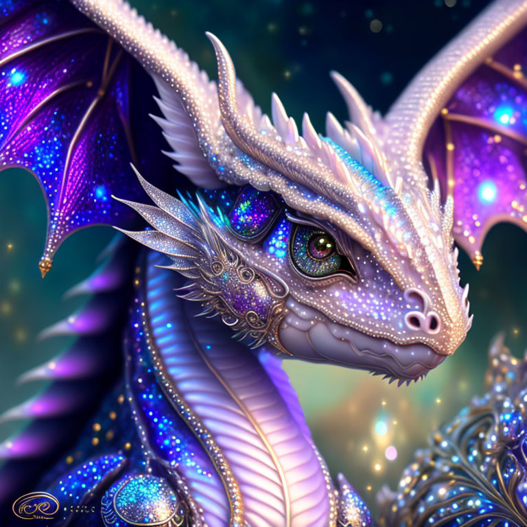 Majestic dragon with purple scales and blue eyes on starry backdrop