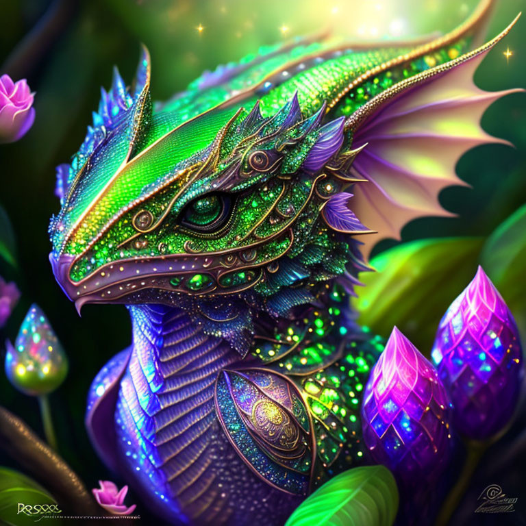 Colorful Dragon Illustration with Jewel-Toned Scales and Delicate Wings