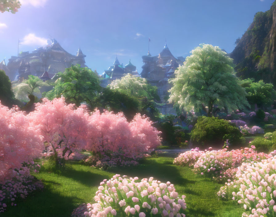 Fantasy landscape with pink trees, lush greenery, castle, mountains