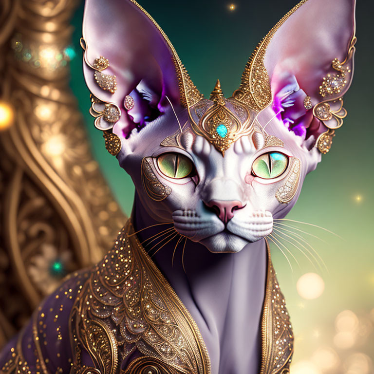 Regal purple cat with green eyes and golden jewelry in detailed art