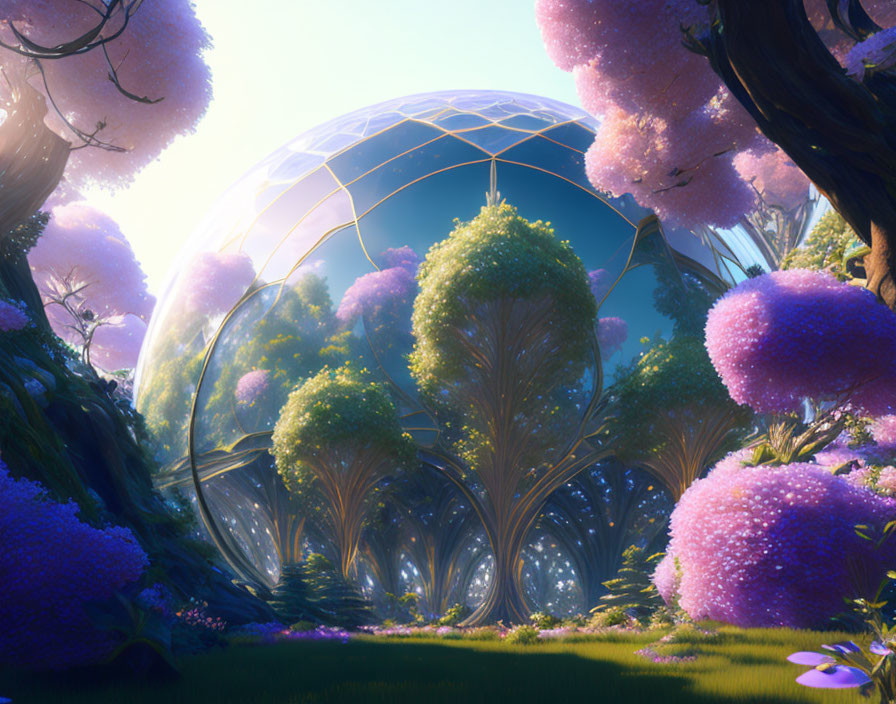 Vibrant pink trees and transparent dome in fantastical landscape