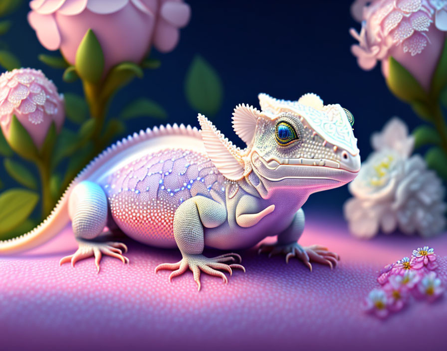 Whimsical purple lizard with intricate patterns in fantasy flower setting