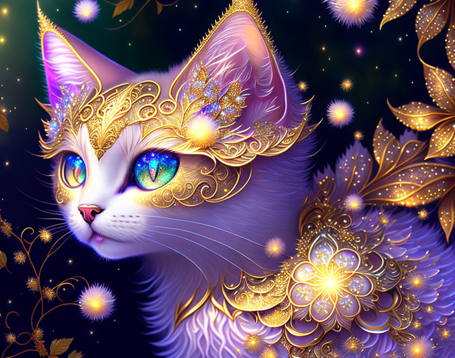 Colorful Cat Artwork with Golden Filigree and Blue Eyes on Starry Night Background