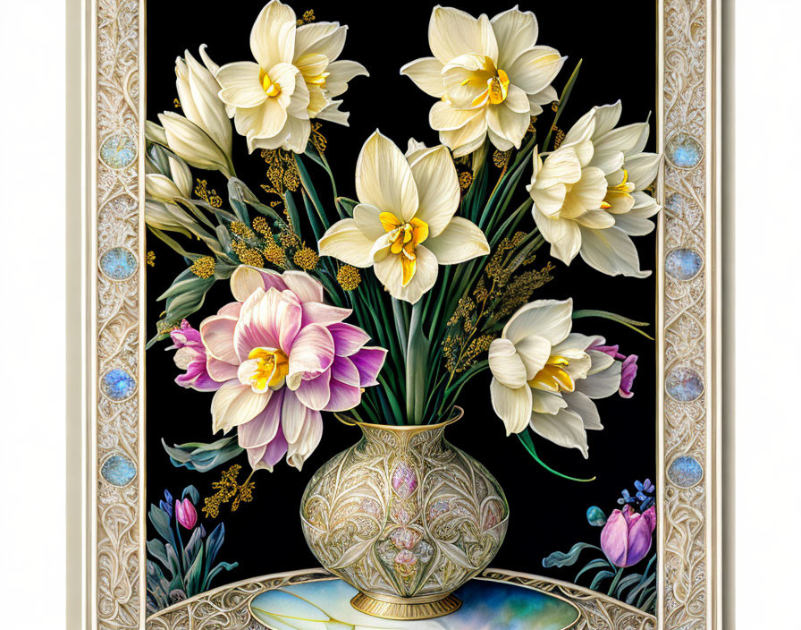 Ornate vase with white and pink flowers in golden frame with gemstone accents