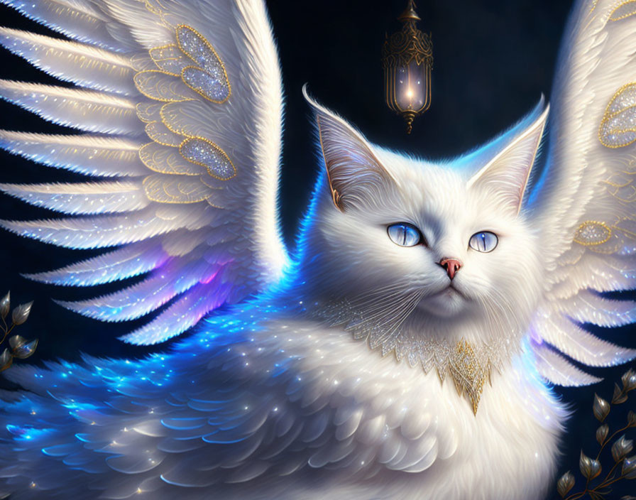 Fluffy white cat with blue eyes, gold jewelry, and angelic wings on dark background