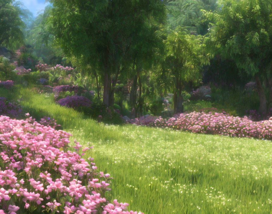 Tranquil garden scene with pink flowers, lush grass, and sunlit trees.