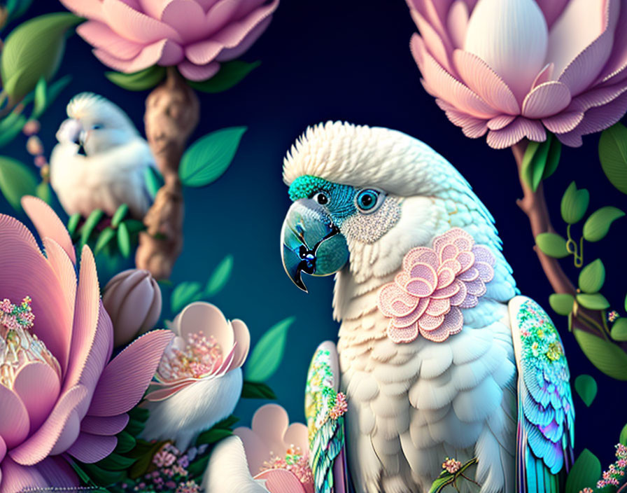 Colorful Digital Artwork: White Cockatoo Among Pink Blossoms