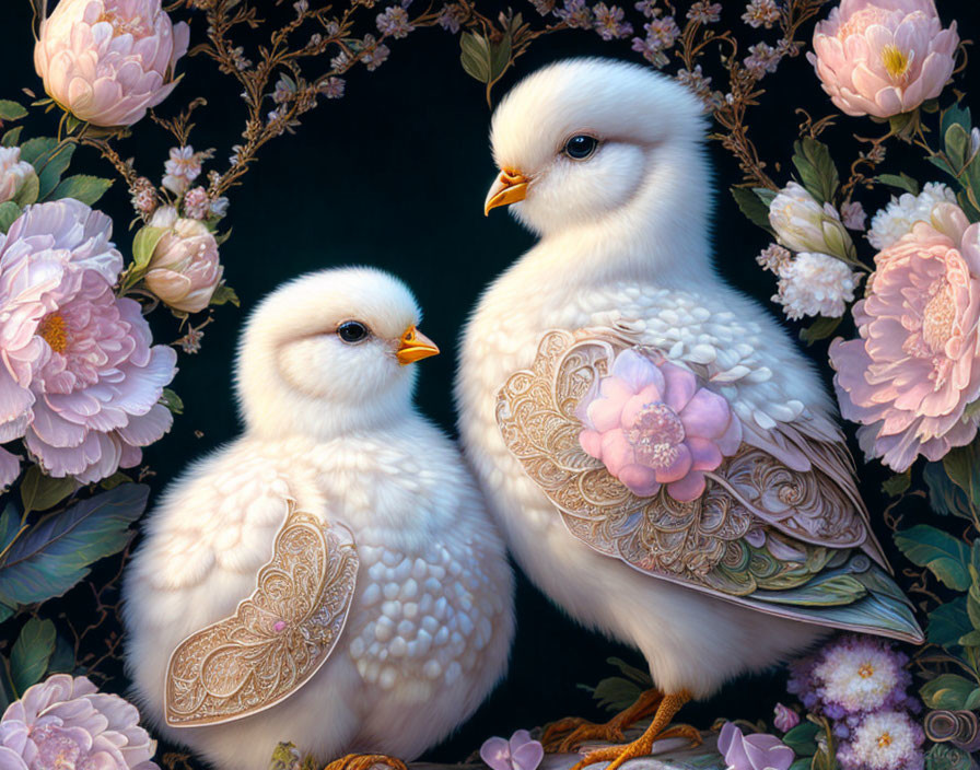 Ornate white birds with floral patterns in pink flower frame on dark background