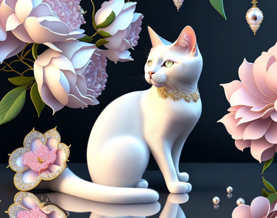 White Digital Cat with Gold Necklace Among Pink Flowers and Gemstones