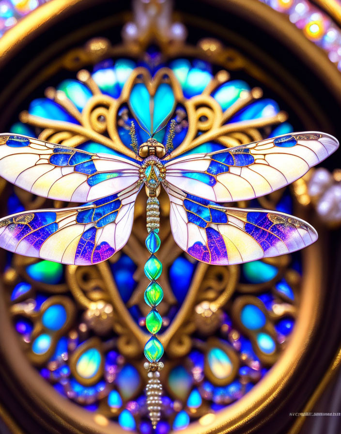 Symmetrical butterfly-shaped jewelry with blue and white wings on golden background