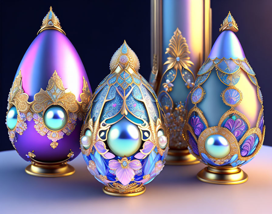 Intricate Jeweled Easter Eggs in Purple and Blue with Gold Filigree