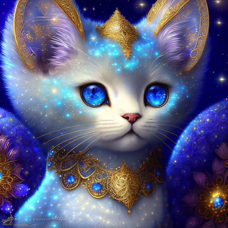 Illustration of a blue-eyed, cosmic-patterned white cat with gold jewelry in starlit setting